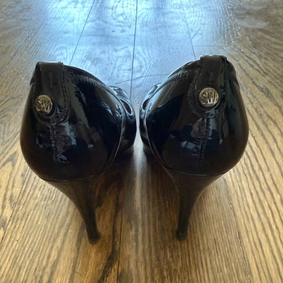 Stuart Weitzman Patent Leather Peep Toe Heels Women's Black Platform - Picture 3 of 4